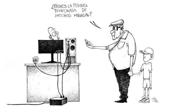 El paquete semanal cada vez ocupa más terreno dentro del consumo cultural en Cuba. Caricatura: Trapero